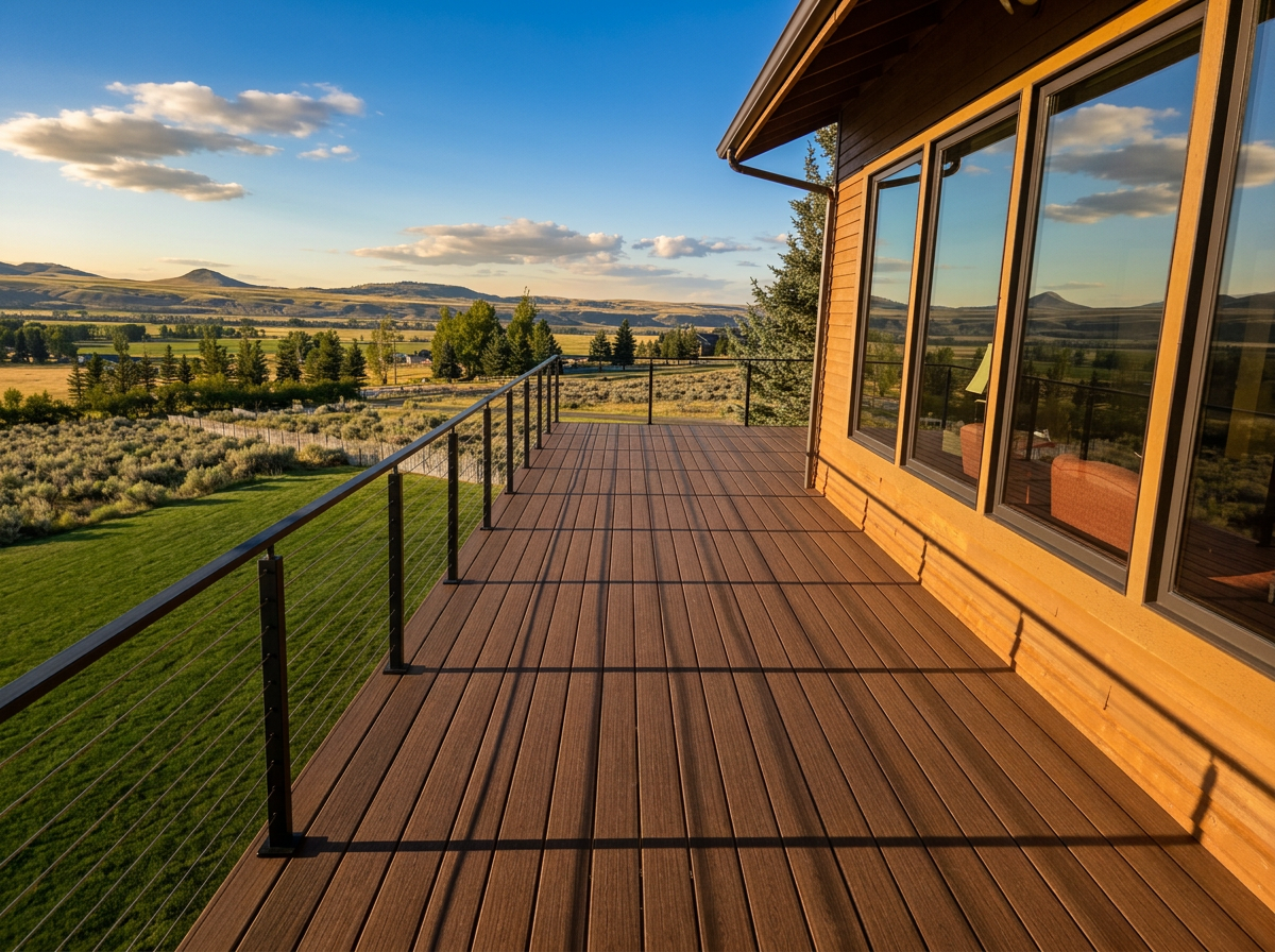 Composite deck with cable railing overlooking a Montana valley