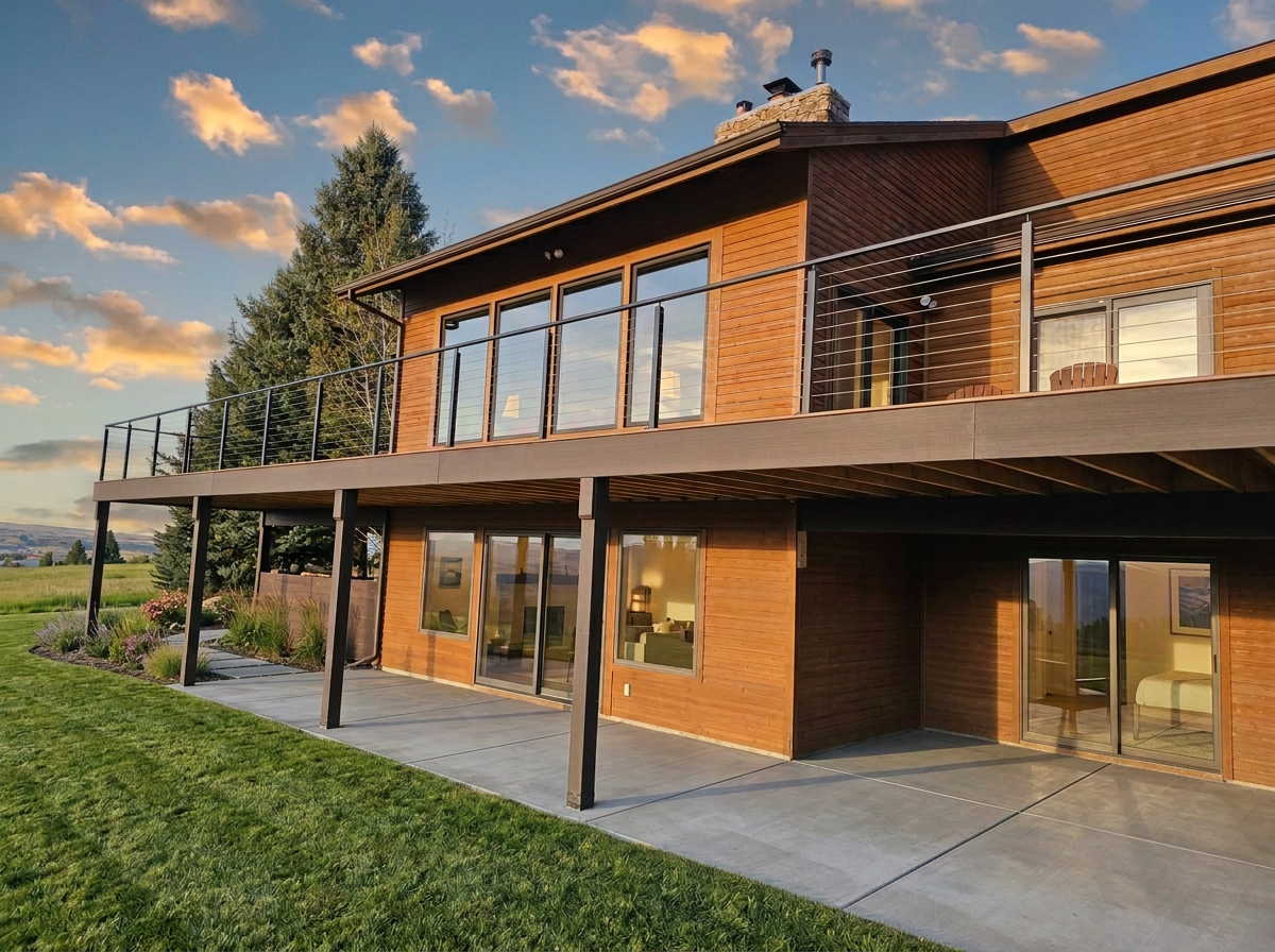 Elevated deck on a cedar sided Montana home with steel posts and cable railing