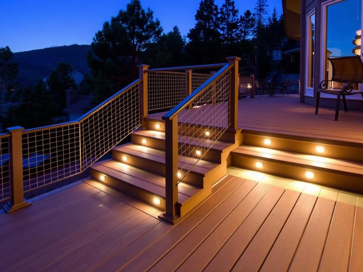 Composite deck with cable railing and lit stairs at dusk