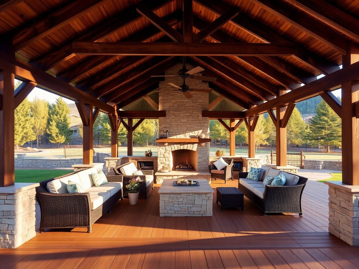 Covered deck with timber pergola and stone fireplace